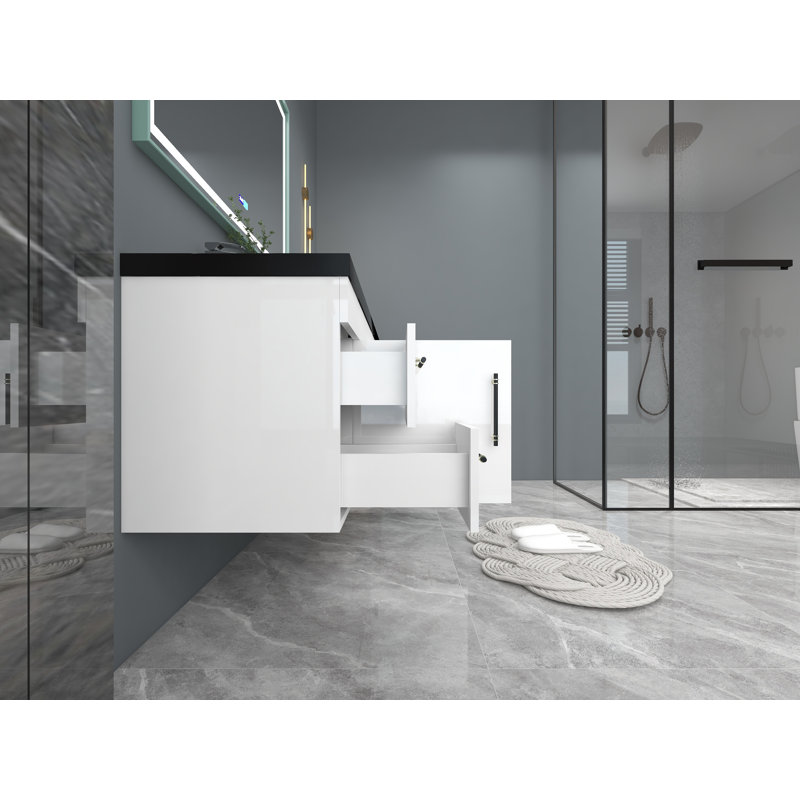 Ensemble de meuble-lavabo mural 60 po, Blanc très luisant, Noir mat