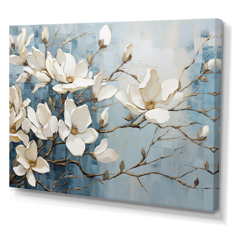 Blue And Gold Painted Magnolias VI - Magnolias Canvas Wall Art, Wrapped Canvas, 16" H x 32" W, No Frame
