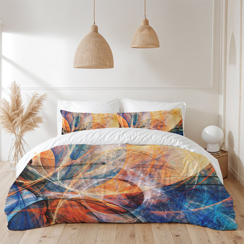 Microfiber Comforter Set, Blue/Red/Orange Abstract, King Comforter + 2 King Shams