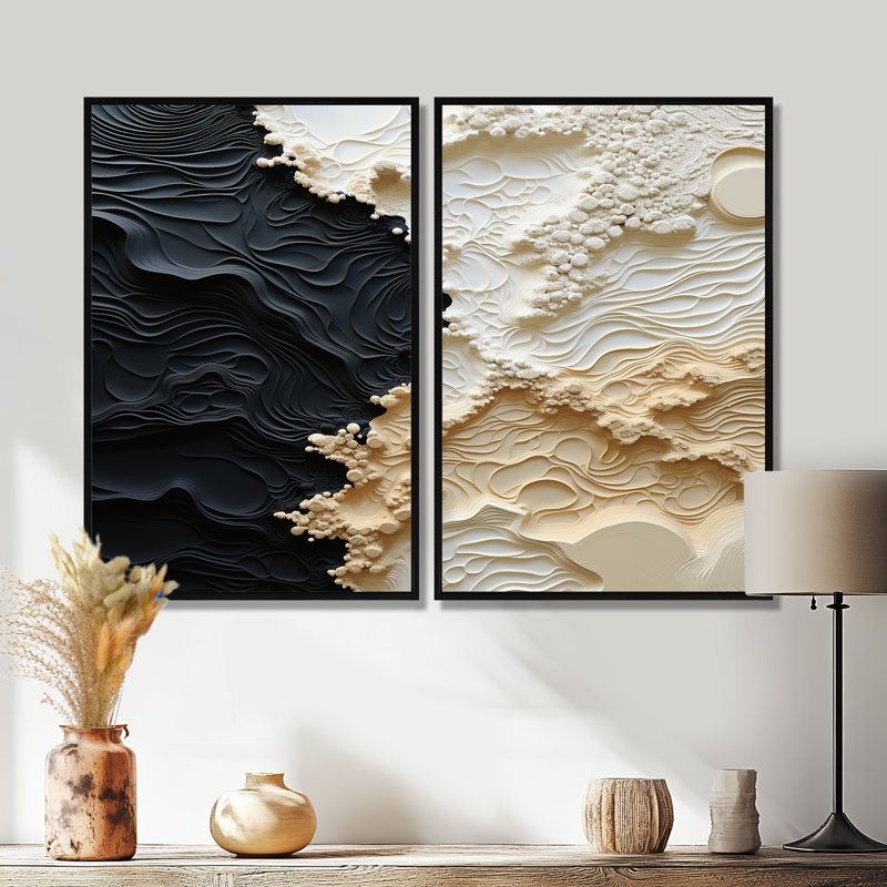 Peinture abstraite liquide crème et noire - 2 pièces, 36" H x 48" W, Impression encadrée flottante, Black