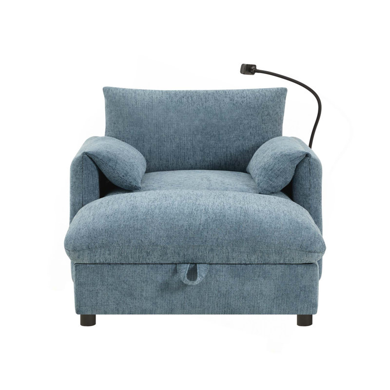 38" Single Sofa with Storage Ottoman, Adjustable Phone Holder, USB Charger, Side Storage Pockets, Pillow-Like Armrests, Wide Seat Chaise Lounge for Living Room&Apartment, Chenille