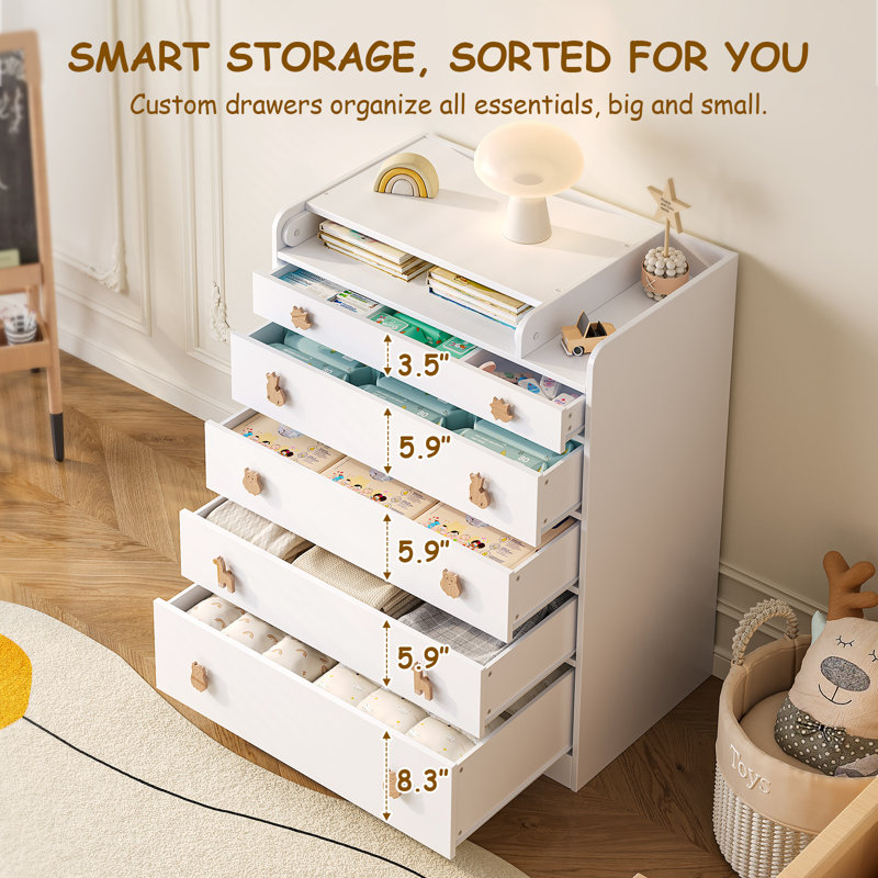 White 5-Drawer Changing Table with Fold-Down Top, Space-Saving Nursery Dresser and Baby Changing Station