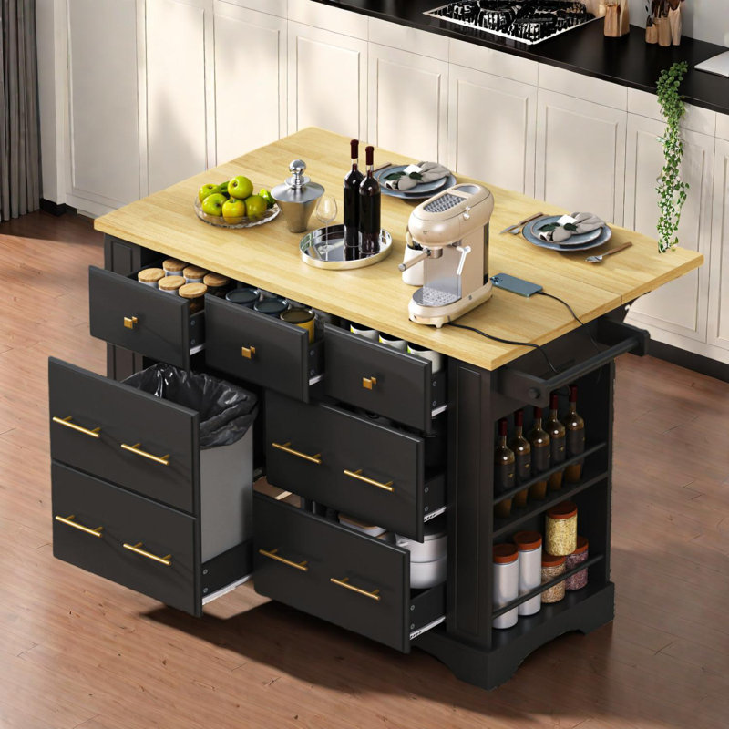 Kitchen Island with Drawers, Pull Out Trash Storage, Rolling Island with Leaf, Black