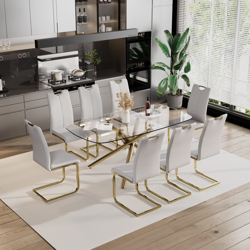 Rectangle Glass Pedestal Dining Set, Light Gray, 9