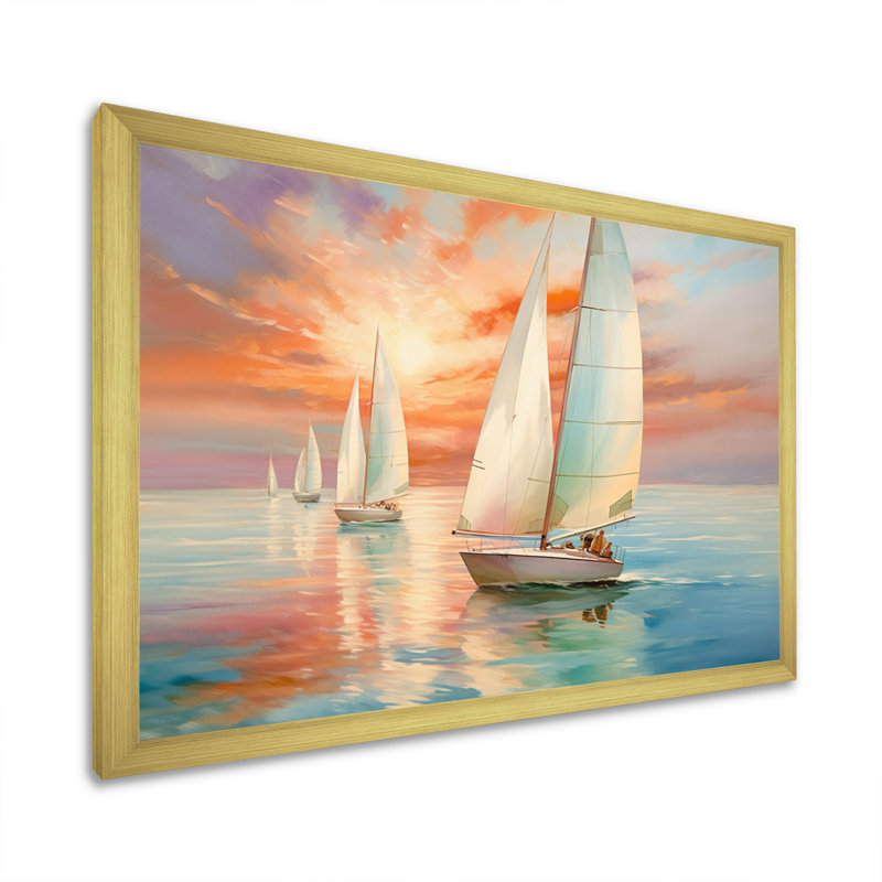 " Minimalism Sailboat Rhythms IV ", 16" H x 32" W x 1" D, Gold Single Picture Framed