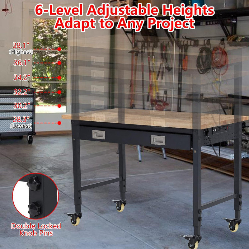 60"x22" Adjustable Rolling Workbench, Heavy Duty Work Bench with Power Outlets, Lights, Storage Drawer