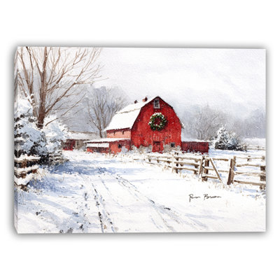 Country Barn in Falling Snow Wrapped Canvas Wall Art