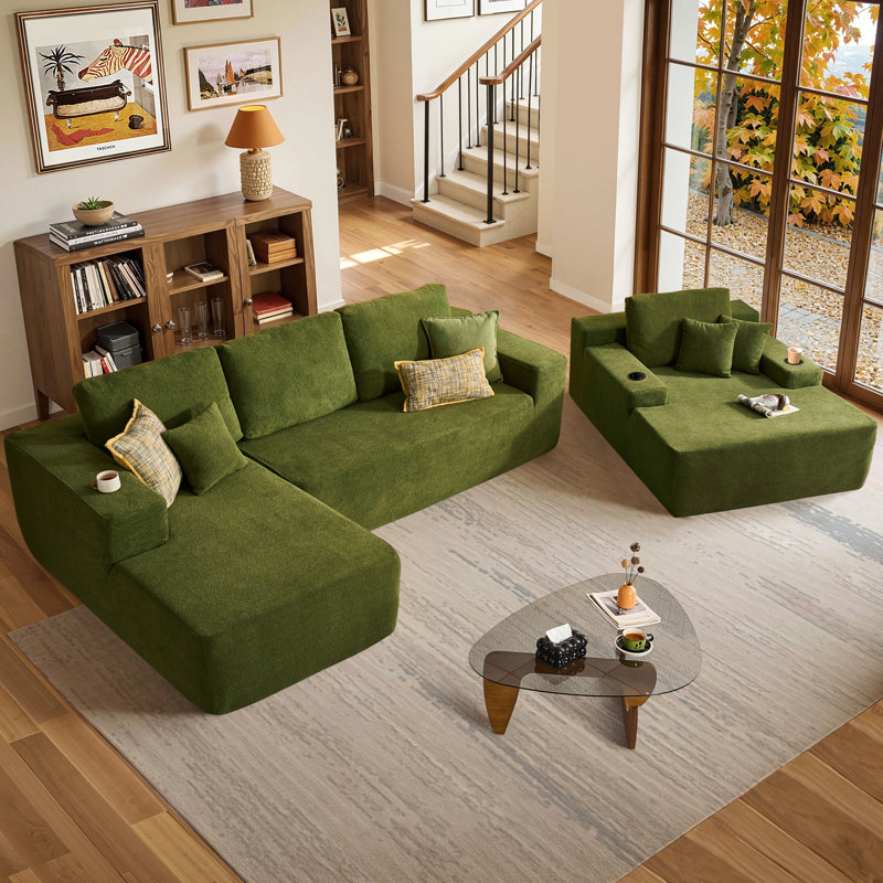 Cozza Sectional Sleeper Sofa, Convertible Couch For Living Room, Left Hand Facing, Green
