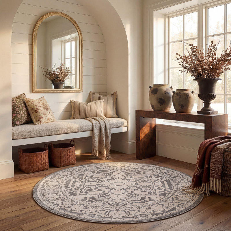 Calidia Oriental Dark Gray/Cream Area Rug, Round 6'7"
