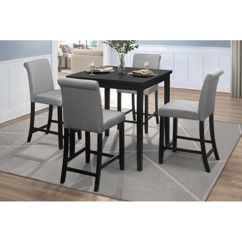 Ensemble de salle à manger à hauteur de comptoir 5 pièces, ensemble de table de salle à manger et chaises rembourrées en bois noir / gris