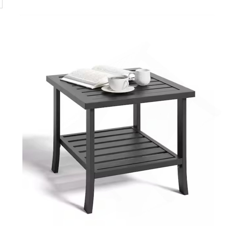 19" Square Black Metal Outdoor Side Table, 2-Tier All-Weather Patio End Table, Black