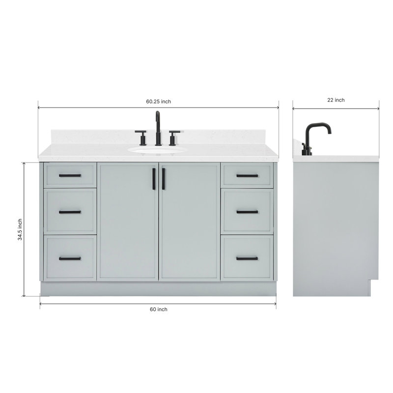 ARIEL Kelly 60 Single Sink Bathroom Vanity with Carrara Quartz Top, Gray