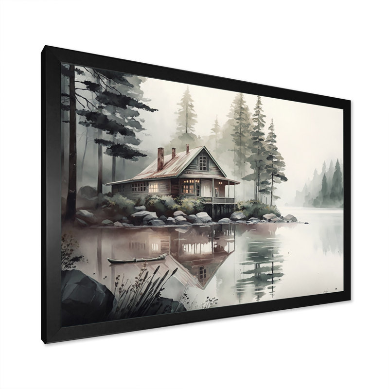 Cottage By The Lake I - Lake House Cottage Wall Art, Black Single Picture Framed, 12" H x 20" W x 1" D