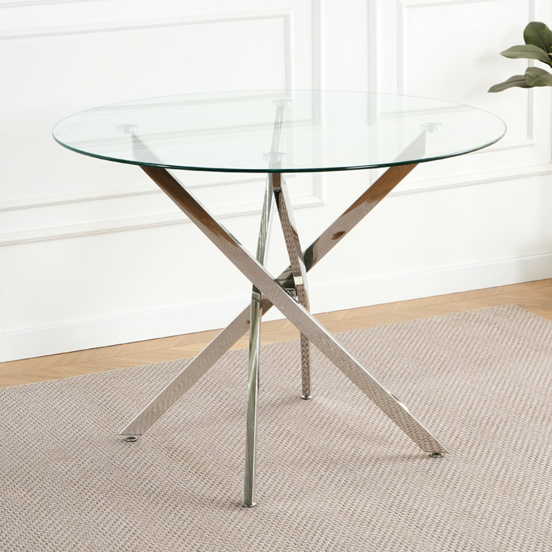 Table de salle à manger ronde en verre pour 4-6, base en métal robuste avec protecteurs de plancher antidérapants réglables - Table de cuisine moderne pour salle à manger, appartement, maison, condo