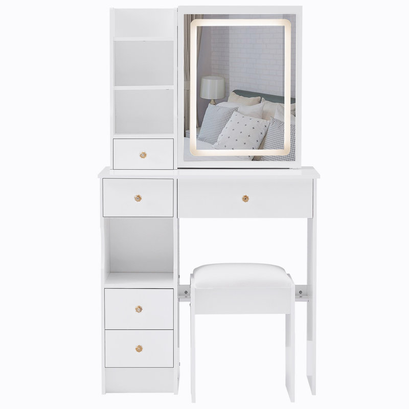 Petit meuble-lavabo de 29,2 po avec tiroir de gauche, tabouret rembourré, grand tiroir, commande tactile, interrupteur tricolore, miroir à luminosité réglable, rangement à grande capacité, convient aux petits espaces