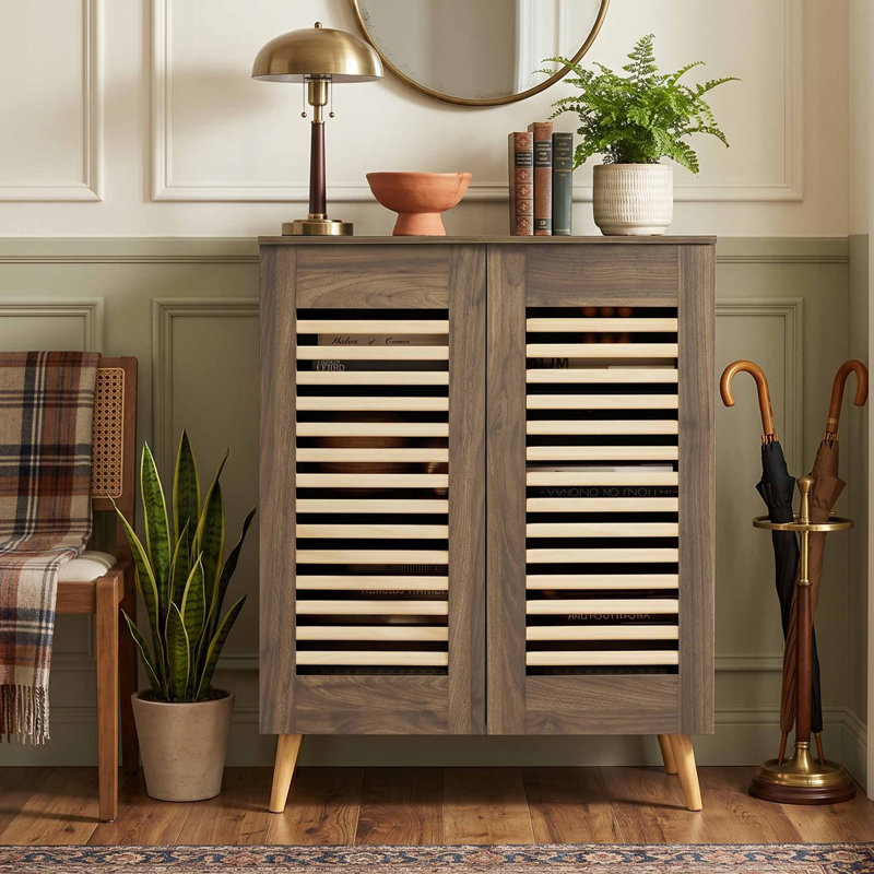 Freestanding Shoe Storage Cabinet, Breathable Louvered Doors & Adjustable Removable Shelves, Anti-Tip Design Suitable For Entryway