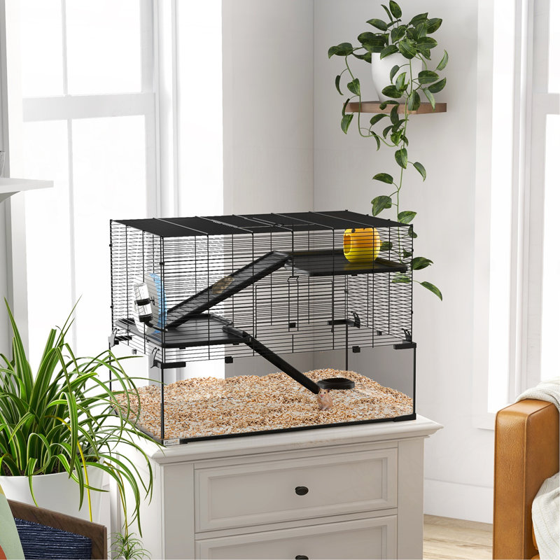 Cage à hamster, cage à gerbille 31 "avec bassin en verre, rampes, plateformes, cabane, roue d'exercice, pour petits hamsters, noir