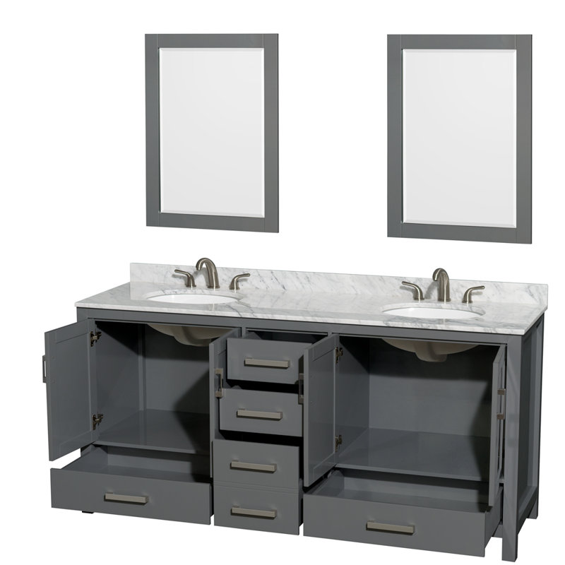 Sheffield 72" Freestanding Double Bathroom Vanity with Marble Top with 24" Mirrors, Dark Gray