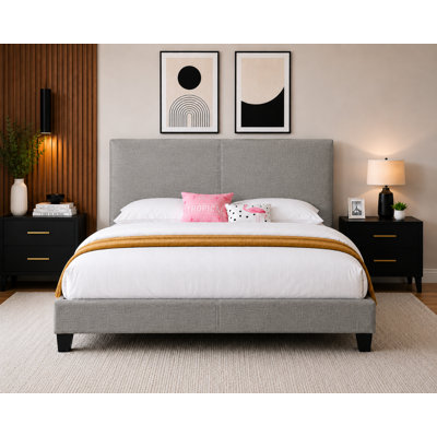 Lit plateforme tapissier moderne avec tête de lit ajustable, structure de lit en lin, gris, double