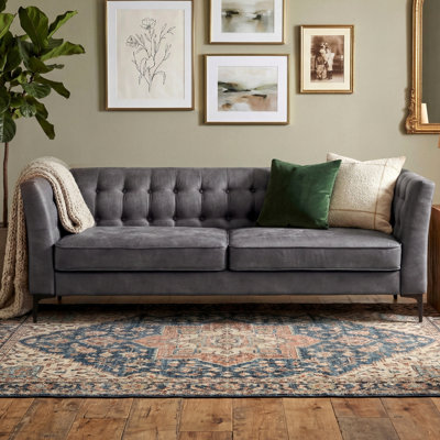 85.65” Tufted Chesterfield Faux Leather Sofa With Solid Wood Frame