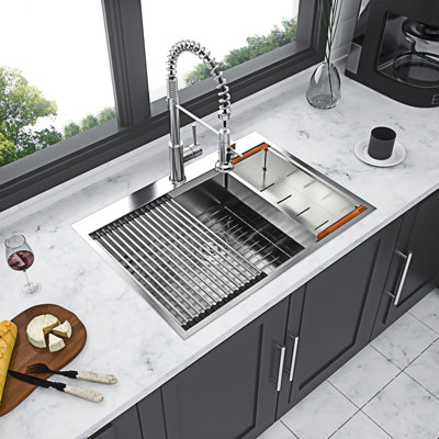 30 Drop Kitchen Sink - 30 Inch Kitchen Sink Drop-In Topmount Single Bowl 16 Gauge Stainless Steel Ledge Workstation Kitchen Sinks -  wendeway, GFNCFQ-W124353892