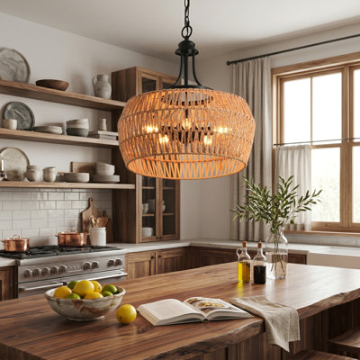 Luminaire suspendu en corde de jute tissé à la main 19 pouces avec chaîne ajustable Boho, pour îlot de cuisine, salle à manger, entrée (ampoule non incluse)
