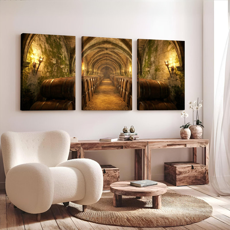 Ensemble de 3 tableaux sur toile représentant une cave à vin avec tonneaux en bois et arche en pierre., 1624