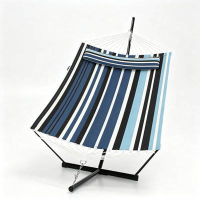 2-Person Double Hammock with Steel Stand & Detachable Pillow | 450lb Capacity, Adjustable Chains, Curved Spreader Bar for Patio, Backyard & Poolside