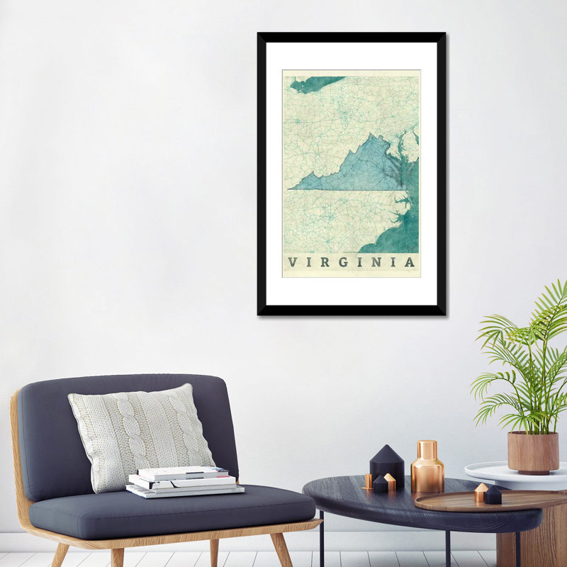 «Virginia Map», impression sur toile, H 24 po x l 16 po x P 1 po, Papier d'art encadré noir, Blanc