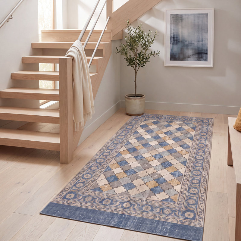 Tapis Eddy moderne à motifs mosaïques abstraites, bleu, gris, or, crème, ivoire, lavable à la machine, antidérapant, à poils courts, pour l'intérieur et l'extérieur, adapté aux animaux domestiques, idéal pour le salon, la chambre, la salle à manger, l'entrée, le couloir ou le bureau.