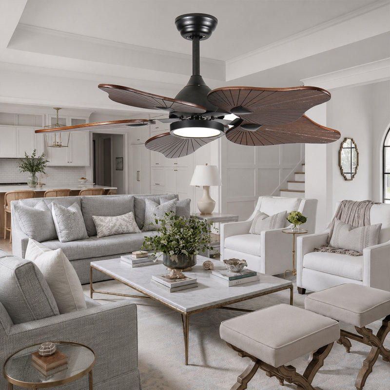 44" 5-Blade Leaf-Shaped Solid Wood Ceiling Fan with Dimmable Light, 6-Speed Reversible DC Motor & Remote Control