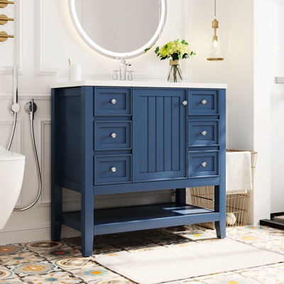 Meuble-lavabo de 36 po de couleur, fabriqué avec du bois massif et une armoire, trois tiroirs, un lavabo en céramique à charnières et un lavabo plat - autoportant, teinte facile à installer