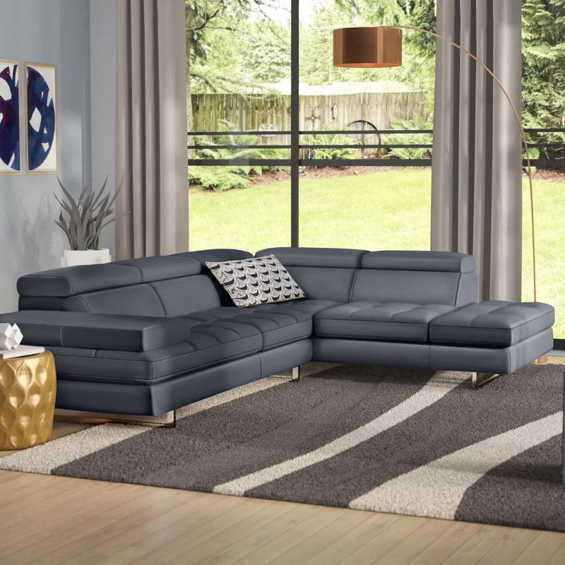 Upholstered Sectional, Right Hand Facing, Slate Gray Genuine Leather