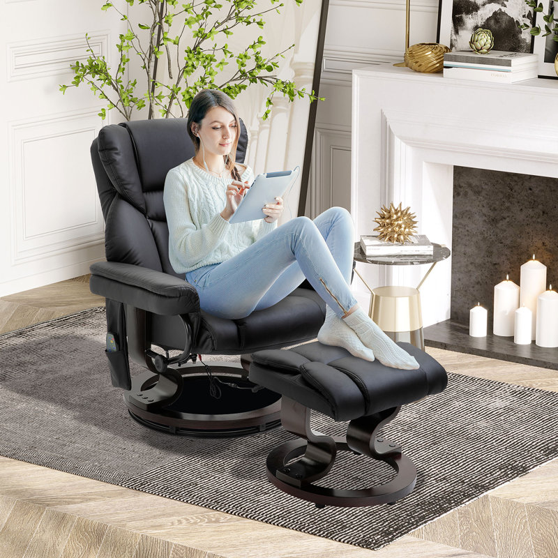 Faux Leather Massage Chair with Ottoman, Black Faux Leather