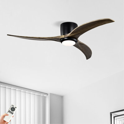 Ventilateur de plafond encastré de 52 po à pales en bois massif avec lumière avec télécommande, moteur réversible silencieux, 6 vitesses, pour salon de patio, chambre à coucher, intérieur (noir mat)