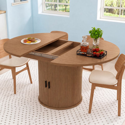43.3''-63'' Extendable Round Dining Table For 4-6, Modern Farmhouse Expandable Dining Table With Wood Strip Base For Kitchen Living Room