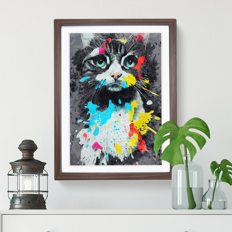 Catt Paint Splash No.4 - Wall Art, 48cm H x 36cm W, Walnut Framed, White