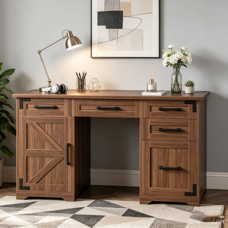 55" Farmhouse Executive Desk with Charging Station & Power Outlet, Walnut