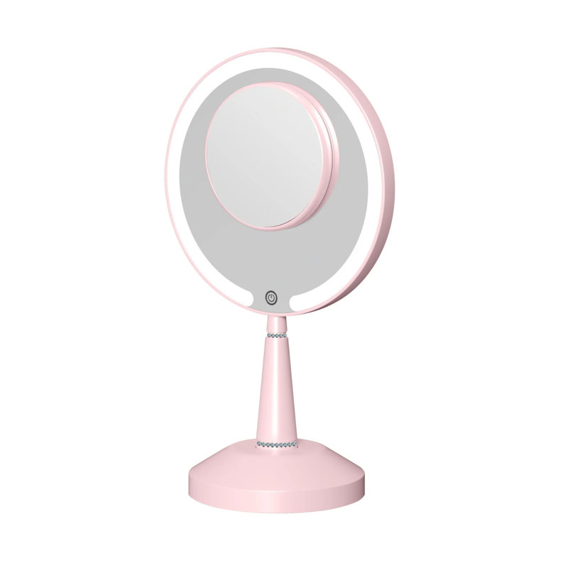 Bijou 2.0 LED Handheld Mirror With Bejewelled Rhinestone On Handle, 5X Magnified Round Shape LED Lighted Makeup Mirror With Soft Touch Sensor, Adjustable Brightness Vanity Mirror