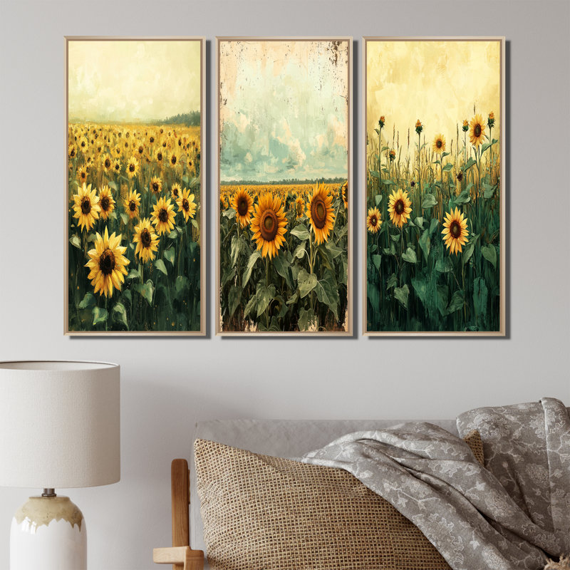 Été tournesol pré dans la prairie I - Collection d'art mural traditionnel, H 40 po x l 60 po, Impression encadrée flottante