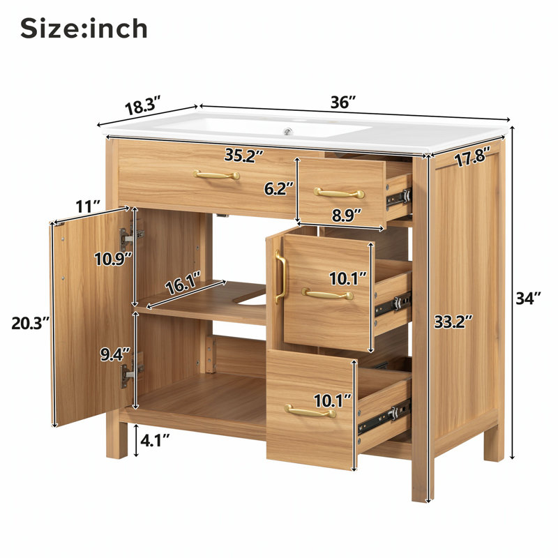 Meuble-lavabo de 36 po en bois massif avec comptoir en céramique noire et beaucoup de rangement, parfait pour les salles de bain modernes