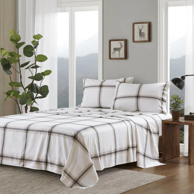 4 Pcs Queen Sheet 100% Cotton Flannel Tan Plaid Soft Velvet Feel Both Sides Brushed Twin/full 12" Queen/king/ King 14" Mattress Fit Machine Washable For