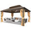 Pavillon de jardin à toit rigide 12 pi x 16 pi avec double toit en acier galvanisé et cadre en aluminium, pavillon extérieur brun avec rideaux et filet pour patio et jardin-126511506
