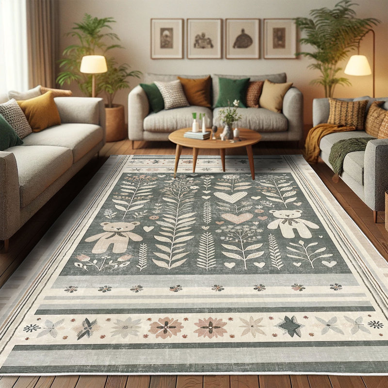 Nordic Botanical Motif Blue Synthetic Area Rug