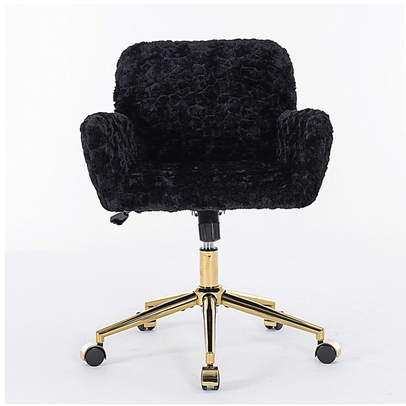 A&A Furniture Office Chair,Artificial rabbit hair Home Office Chair with Golden Metal Base,Adjustable Desk Chair Swivel Office Chair,Vanity Chair(Black)