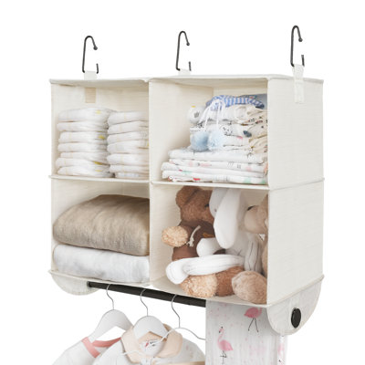 Hanging Closet Organizer with Metal Rod, Collapsible Hanging Shelves, 4-Section, Beige