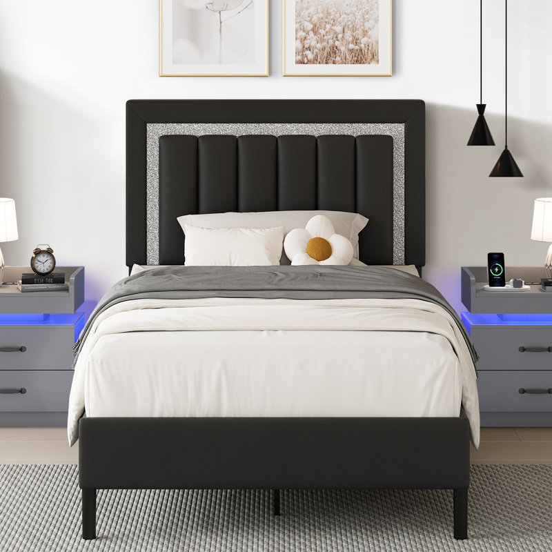Ensemble de lit plateforme tapissier Diamond, Simple, Noir