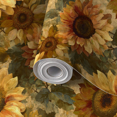 Papier de contact à peler et coller papier de tournesol rustique à motif floral sans soudure de style rétro auto-adhésif et amovible 17,7 po x 118 po (45 x 300 cm)