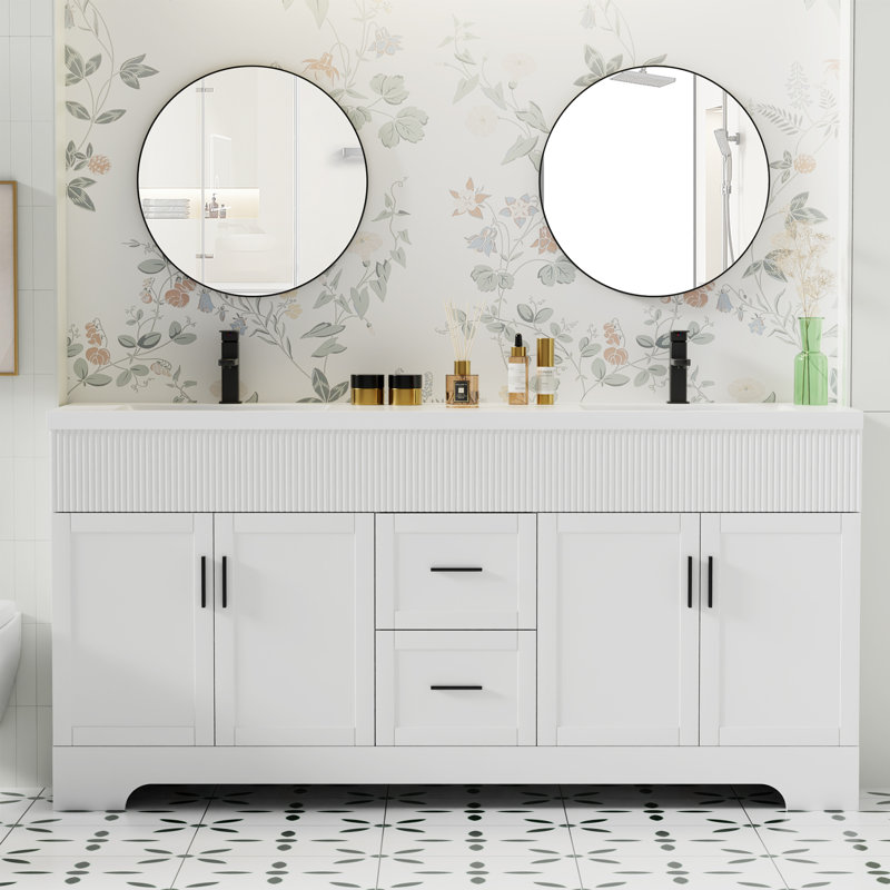 Breonica 72" Freestanding Double Sink Bathroom Vanity Set With Resin Top, Hand-painted, Assembly Required, White