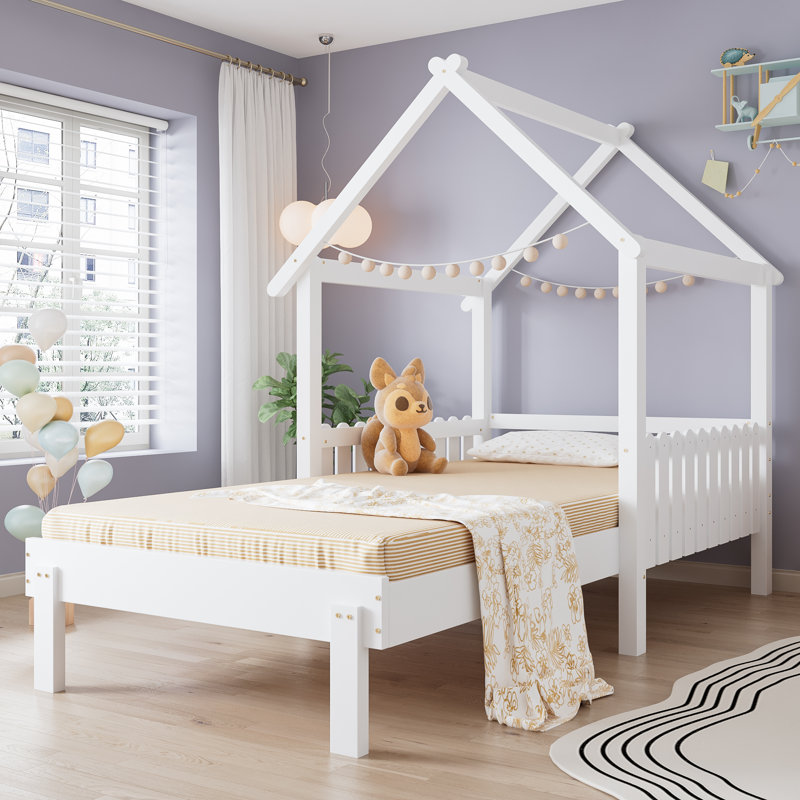Tacie Wooden Pull-Out Bed with Roof, Safety Guardrails